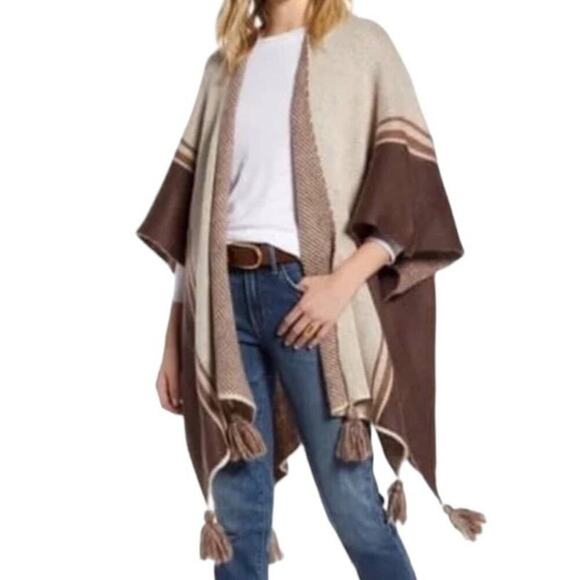 Treasure & Bond Open Front Tassel Knit Poncho In Pink Combo One Size - Picture 1 of 13